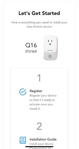 Let's Get Started device landing page in the Aminiti app, showing the device, its serial number, and Register and Installation Guide steps.