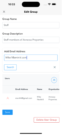 Edit Group dialog with fields for the group name, description, and member email addresses.