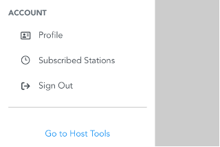 Mobile app account menu with a Go to Host Tools link at the bottom.