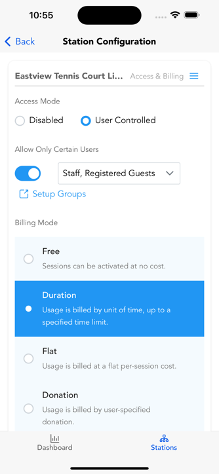 Station Configuration screen with Access Mode set to User Controlled and a list of allowed user groups.