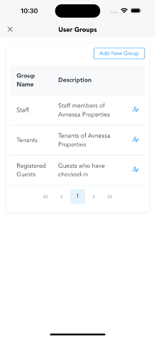 User Groups list showing Staff, Tenants, and Registered Guests groups.