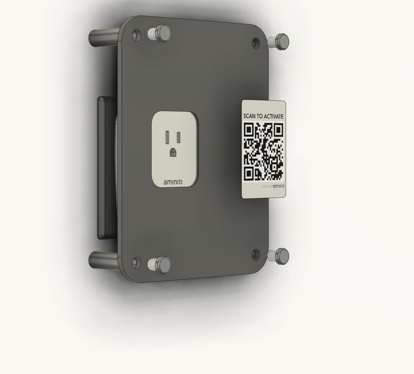 El Keepout Panel sujeto sobre el Q16 Outlet Manager instalado, con la toma y la etiqueta QR accesibles.