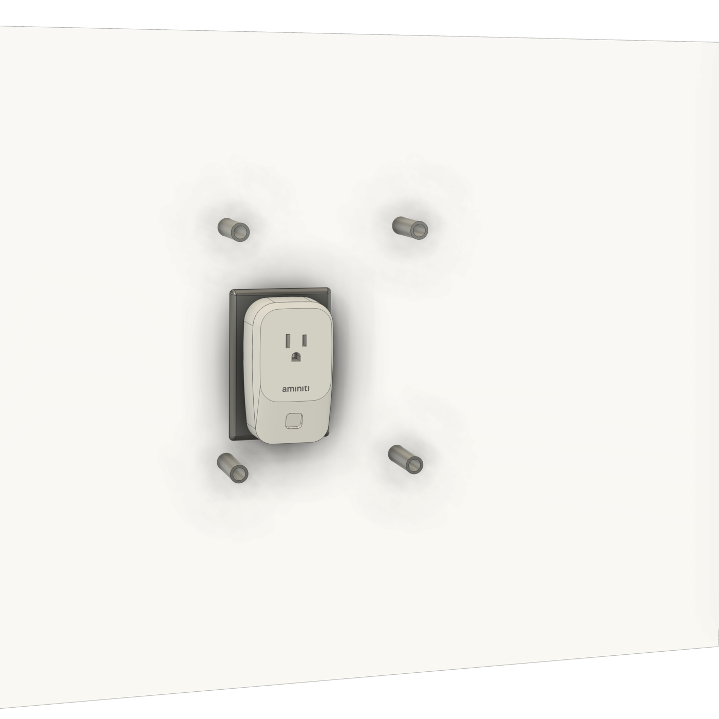 Un Q16 Outlet Manager conectado al receptáculo con los cuatro separadores fijados a la pared a su alrededor.