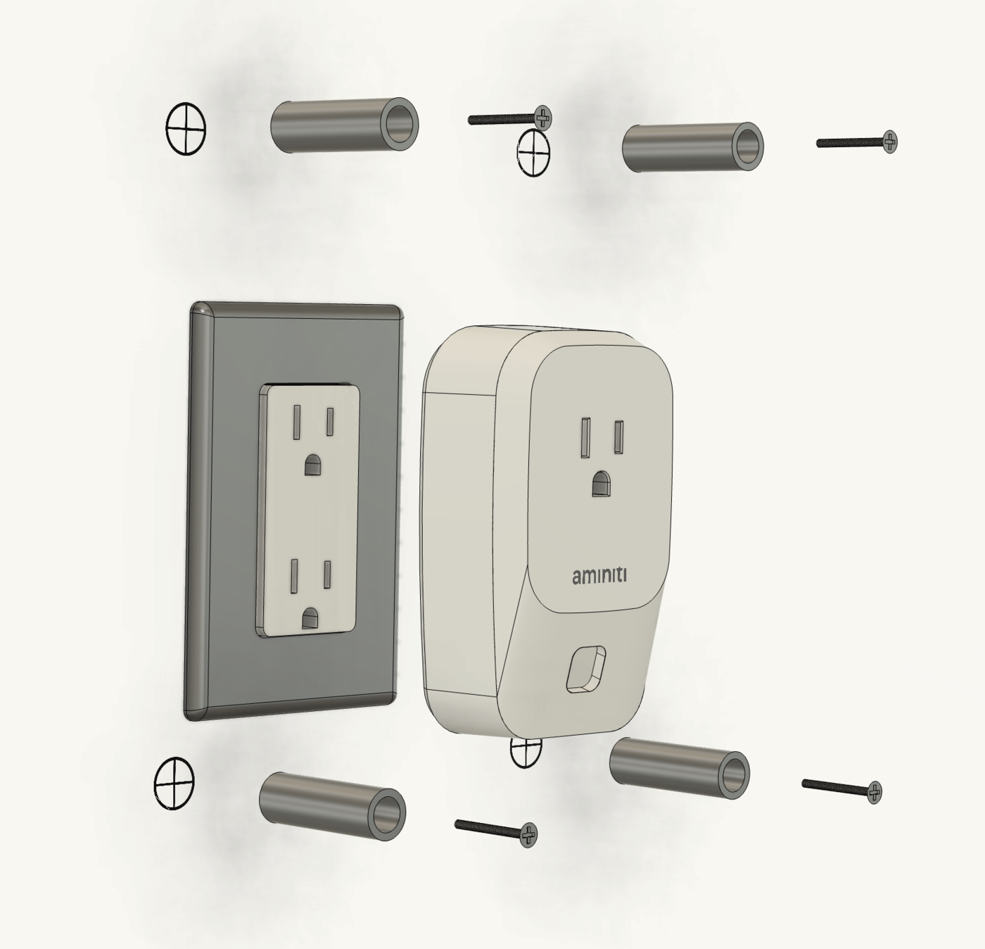 Vista despiezada del Keepout Panel, los cuatro separadores con tapas, tornillos y anclajes, mostrados con un Q16 Outlet Manager y un receptáculo de montaje empotrado.